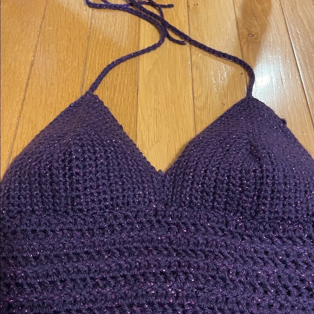 Handmade sparkly purple crochet fringe halter top - Picture 3 of 4